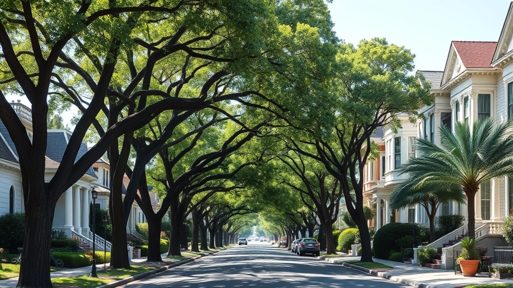 Pasadena neighborhood street lined with mature shade trees, elegant historic homes, sidewalk appeal, American suburban character, peaceful residential setting