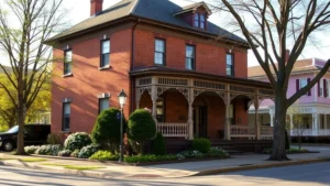 Historic Victorian home with brick facade and wraparound porch in downtown Pittsfield, well-maintained landscaping, afternoon sunlight, charming residential street setting