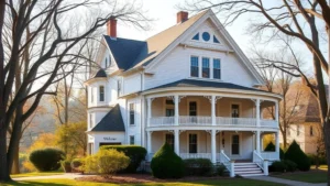 Beautiful Victorian home exterior with white trim and wraparound porch nestled among mature trees, Berkshires landscape visible in background, morning light, welcoming residential charm