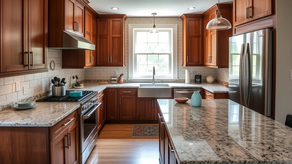Modern updated kitchen with granite counters and stainless steel appliances in a historic Pittsfield home, natural light from window, warm wood tones blended with contemporary finishes