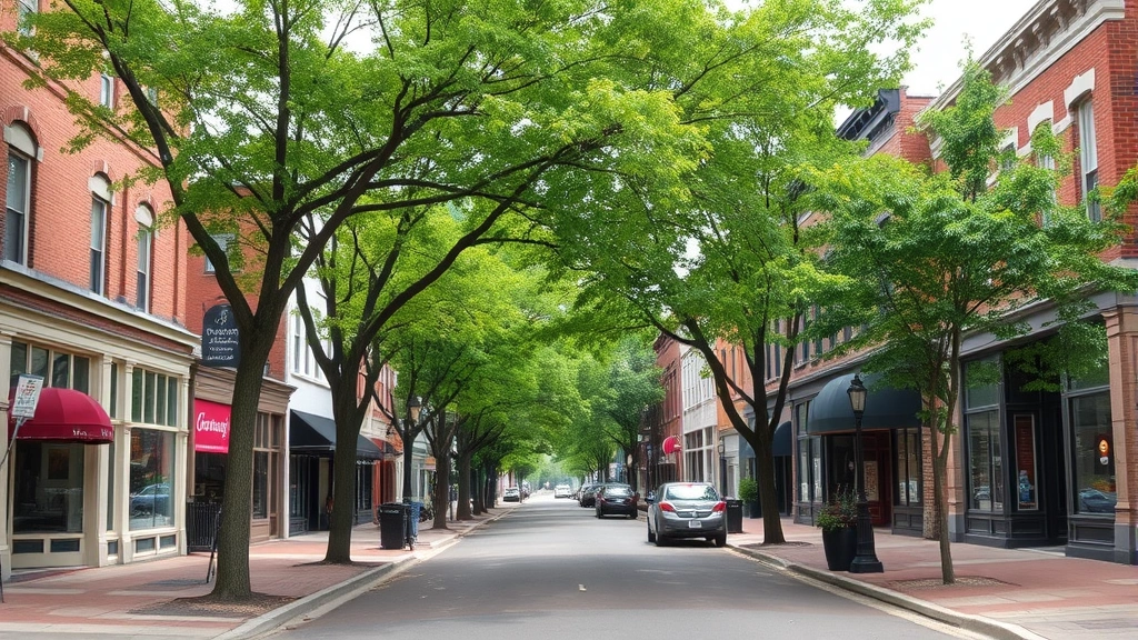 Charming downtown Pittsfield street lined with restored historic buildings and mature shade trees, walkable neighborhood scene with storefronts and residential properties mixed together