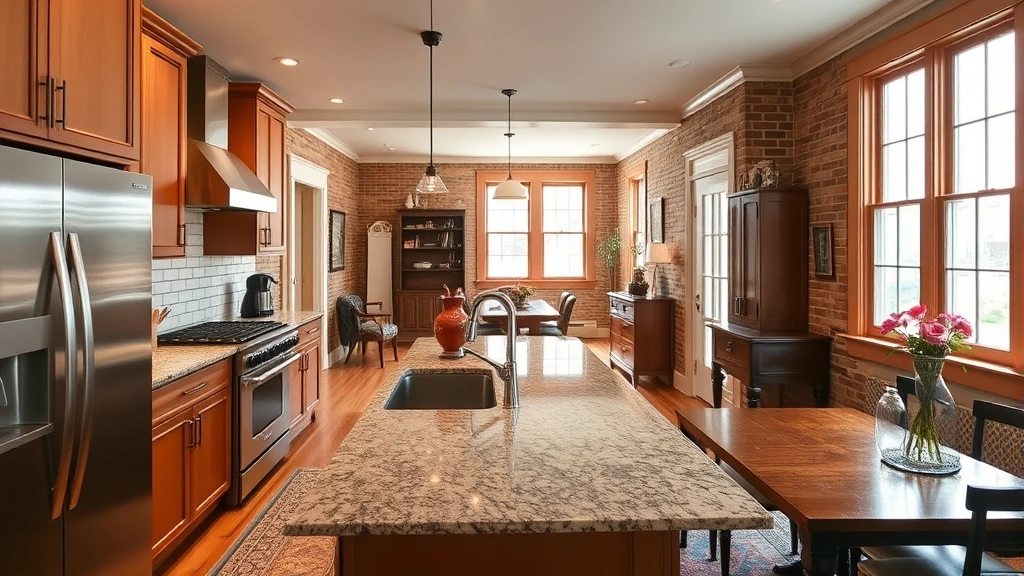 Modern renovated kitchen inside restored historic Pittsfield home, stainless steel appliances, granite countertops, open concept living area, natural lighting from large windows