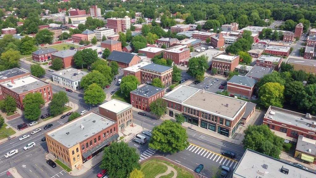 Aerial view of Pittsfield downtown district showing mixed-use buildings, tree-lined streets, local businesses, parks, community spaces, vibrant neighborhood development