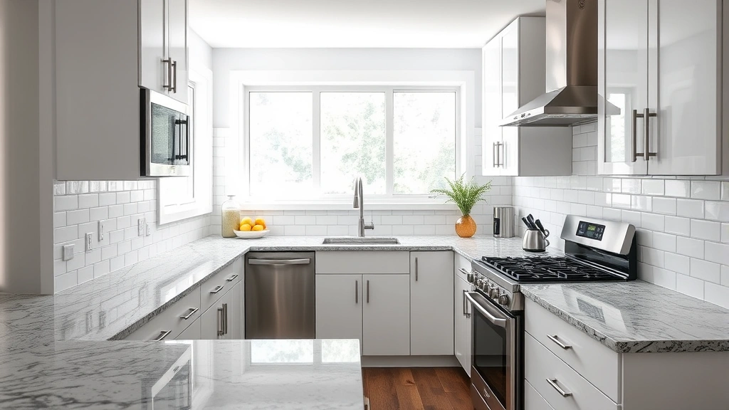 Modern kitchen interior with stainless steel appliances, white subway tile backsplash, granite countertops, bright natural light from windows, contemporary design