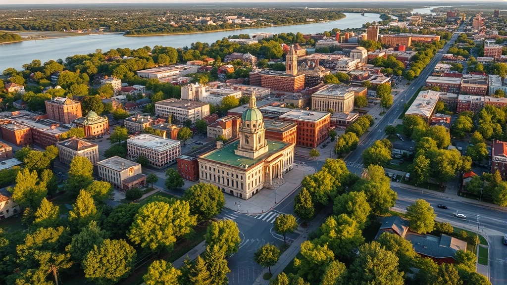 Aerial view of Quincy Illinois downtown area near Mississippi River showing historic buildings, tree-lined streets, residential neighborhoods, morning sunlight