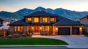 Modern luxury home exterior in Rapid City South Dakota with manicured landscaping, two-car garage, and Black Hills view in background, golden hour lighting, photorealistic
