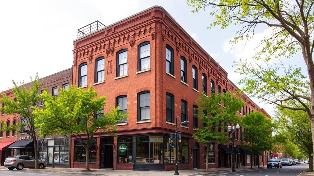 Charming historic downtown Rapid City loft building converted to residential with brick facade, large windows, tree-lined street, urban setting, daytime photography