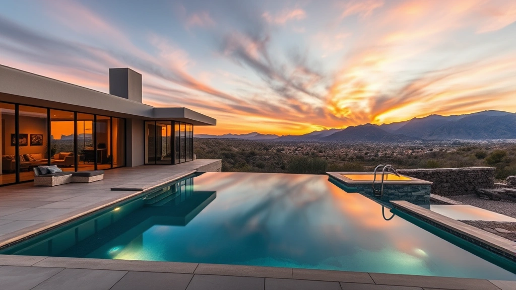 Modern luxury home with pool overlooking San Bernardino Valley at sunset, contemporary design with large windows, mountain views, resort-style backyard