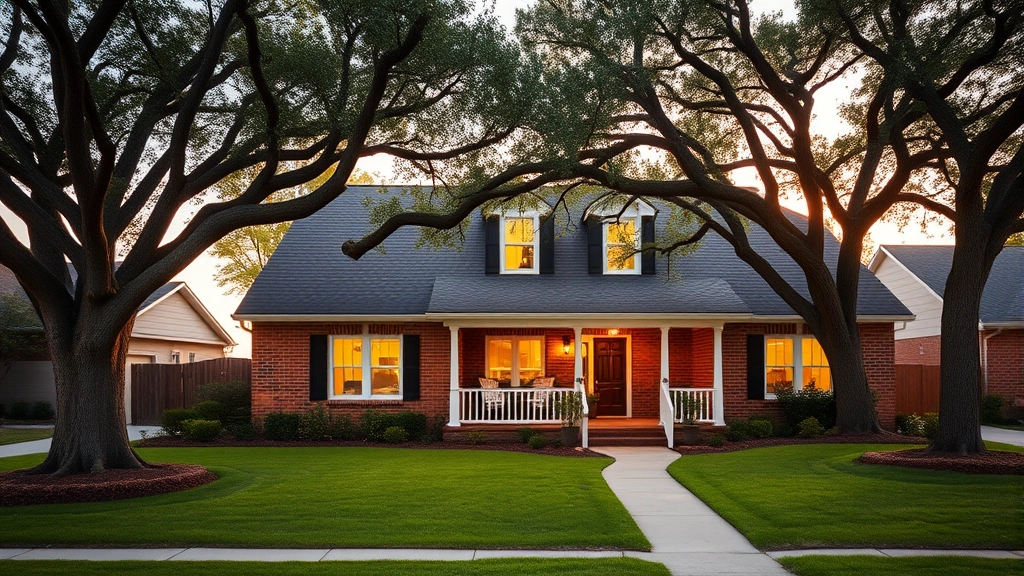 Spacious family home with brick facade, welcoming front porch, mature oak trees, green lawn, suburban Redlands neighborhood, warm golden hour lighting