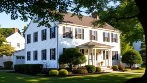 Beautiful colonial-style home with white exterior, black shutters, and mature landscaping in suburban Massachusetts neighborhood, afternoon sunlight, well-maintained front yard