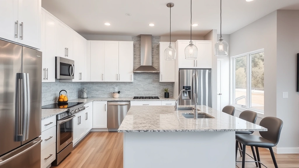 Modern kitchen interior with stainless steel appliances, granite countertops, white cabinetry, and island seating in contemporary home, bright natural lighting