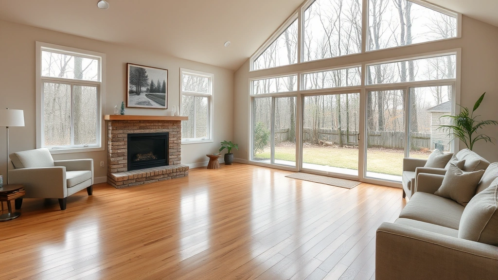 Spacious living room with fireplace, hardwood floors, large windows overlooking wooded yard, neutral furnishings, peaceful residential setting