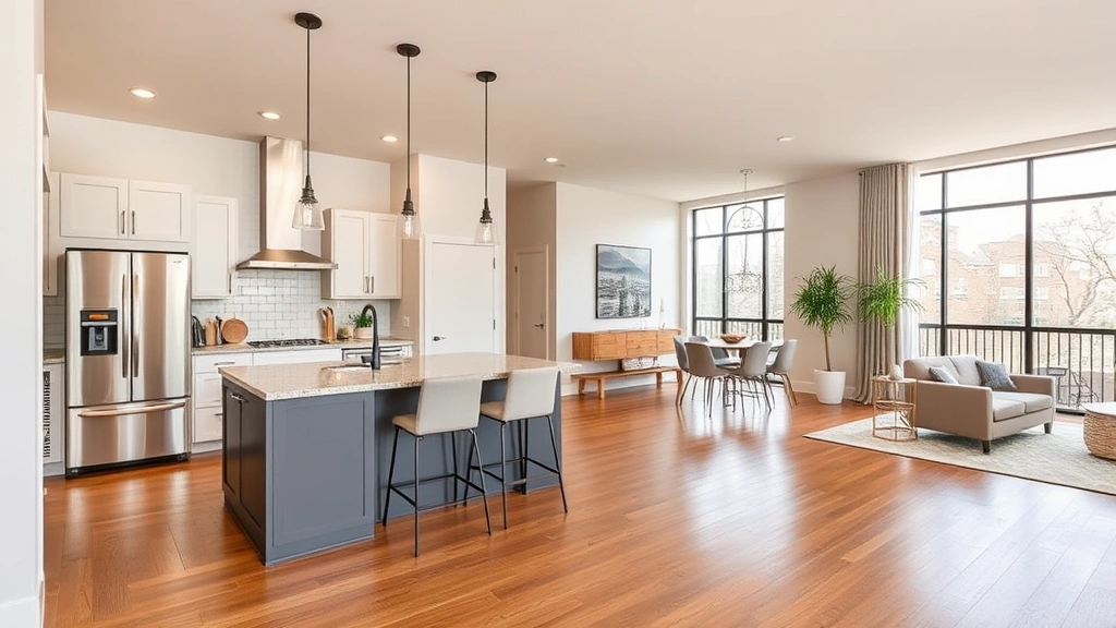 Spacious open-concept kitchen and living room with stainless steel appliances, granite countertops, hardwood floors, large windows with natural light