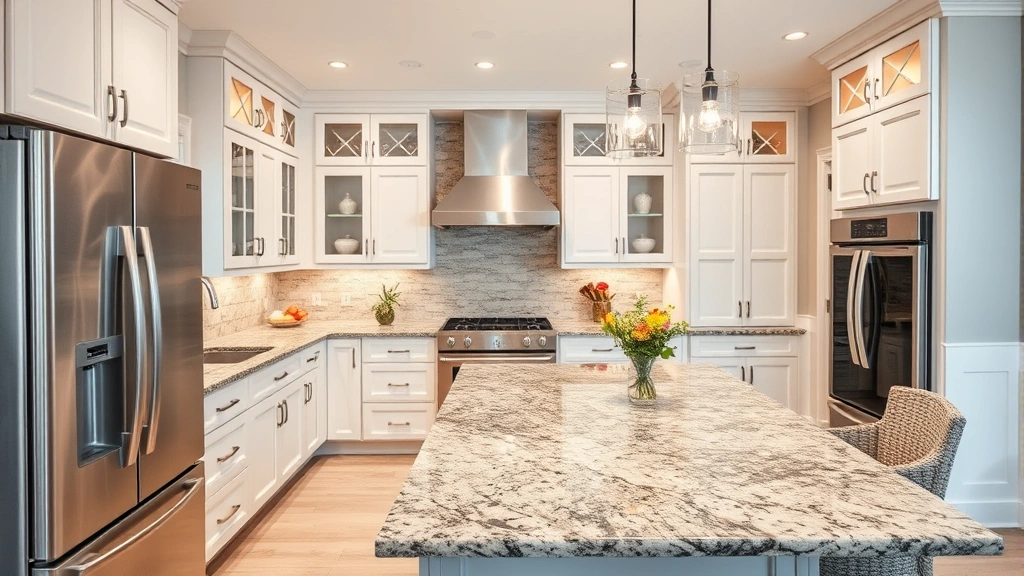Upscale kitchen interior with granite countertops, stainless steel appliances, white cabinetry, and island seating, well-lit natural lighting, home interior design