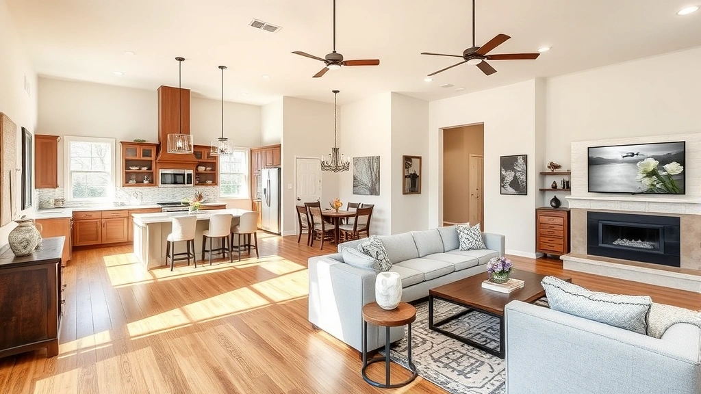 Spacious open-concept living room and kitchen in a San Angelo home with natural light, hardwood floors, neutral tones, contemporary fixtures, welcoming interior design