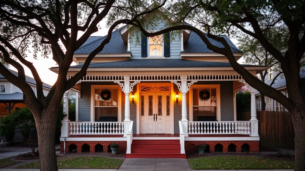 Charming downtown San Angelo historic Victorian home with original architecture, covered porch, mature trees, evening golden hour lighting, welcoming entrance