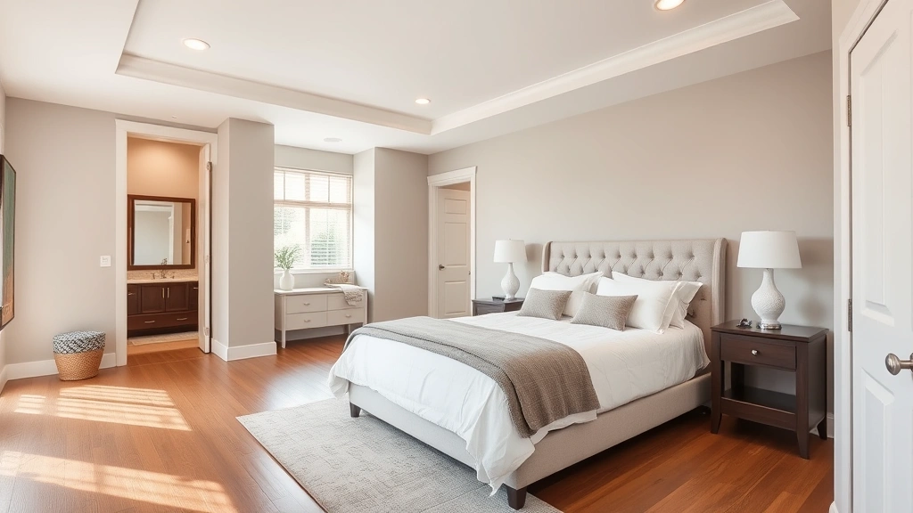 Spacious master bedroom with ensuite bathroom, neutral colors, professional staging, natural window light, hardwood flooring, residential interior photography