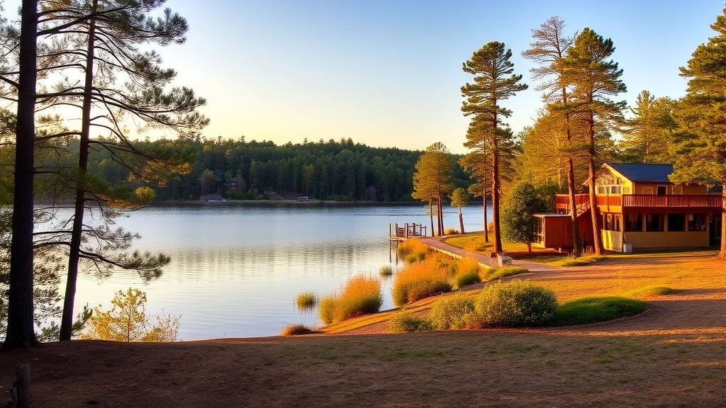 Lake Nasworthy waterfront property with scenic water views, natural landscape, mature trees, peaceful setting, golden hour lighting, serene residential atmosphere