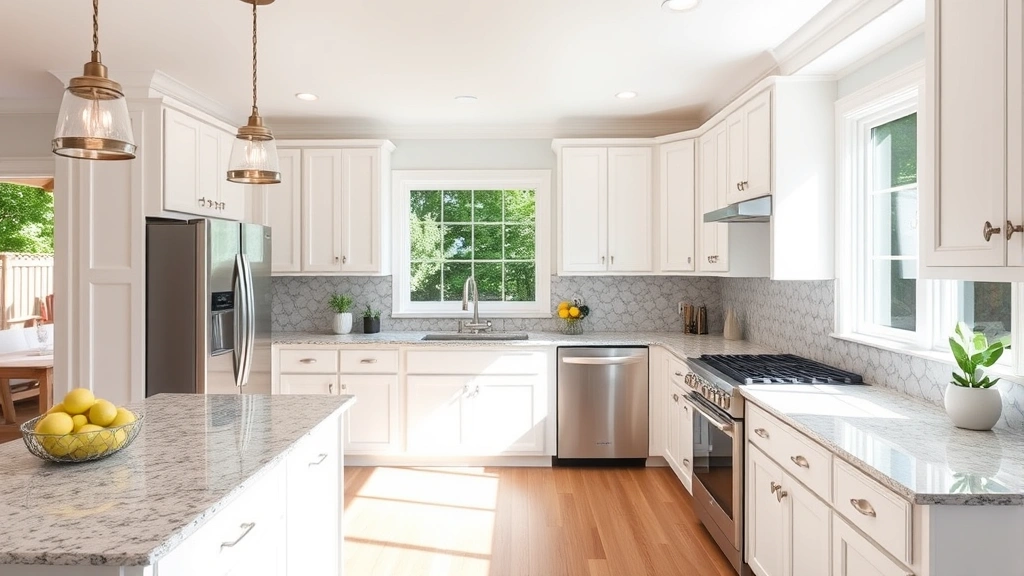 Spacious bright kitchen with white cabinetry, granite countertops, stainless steel appliances, and natural light from windows overlooking backyard