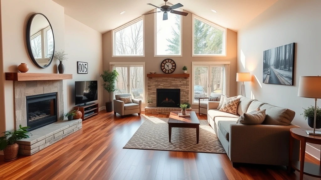Cozy living room with hardwood floors, fireplace, neutral wall colors, comfortable furniture arrangement, and large windows showing natural daylight