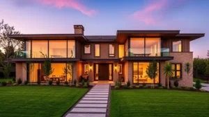 Luxury modern Santa Rosa home with contemporary architecture, large windows, manicured landscaping, wine country views, professional exterior photography