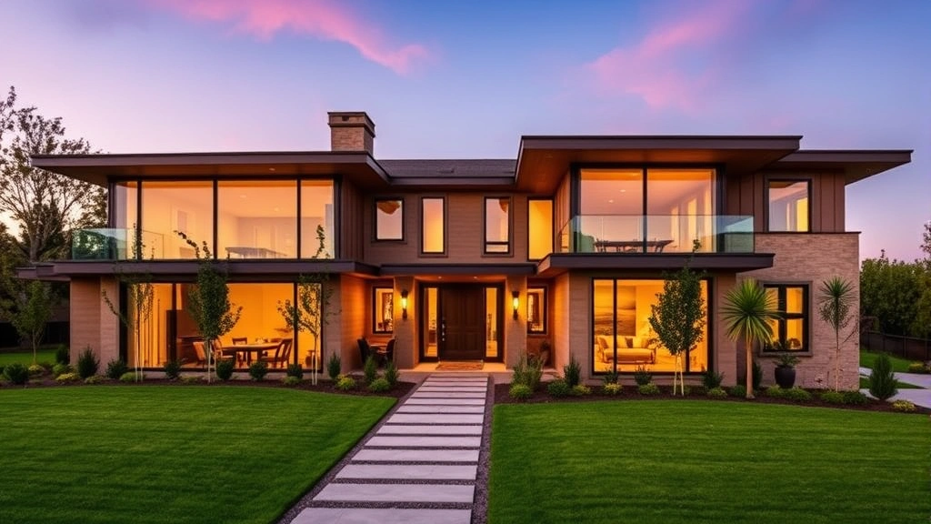 Luxury modern Santa Rosa home with contemporary architecture, large windows, manicured landscaping, wine country views, professional exterior photography