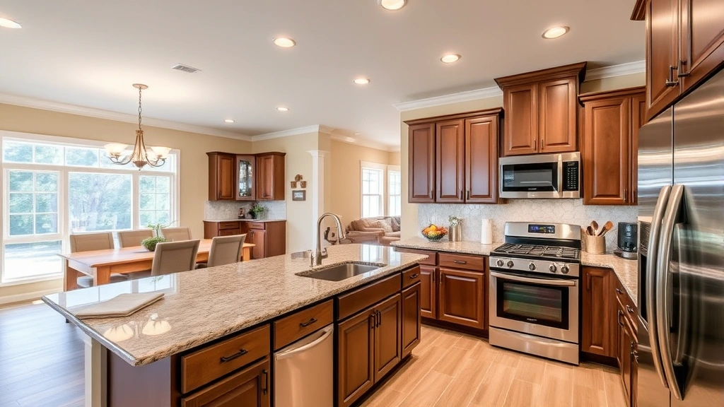 Spacious family home kitchen with granite countertops, stainless steel appliances, open floor plan, bright natural lighting, dining area visible