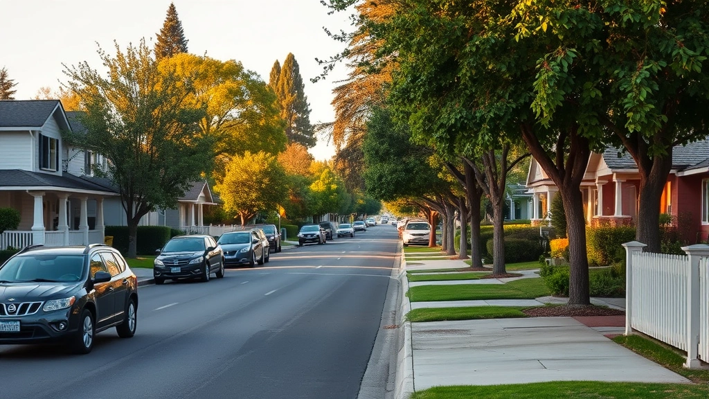 Beautiful Santa Rosa neighborhood street with established homes, mature trees, sidewalks, parked cars, suburban residential feel, golden hour lighting