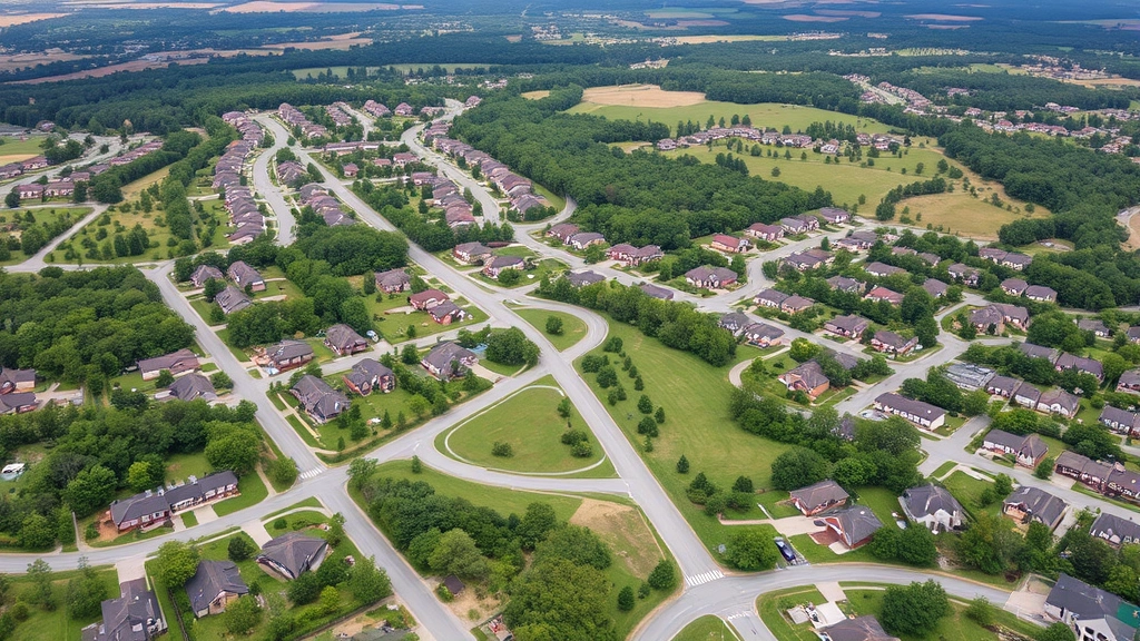 Aerial view of Simpsonville community showing residential developments, tree canopy, winding streets, parks and green spaces, suburban landscape pattern, mixed new and established neighborhoods, development growth perspective