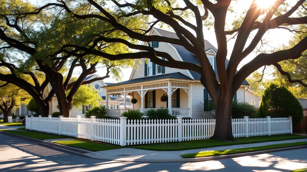 Charming Victorian home with white picket fence, manicured lawn, and mature oak trees on quiet residential street in afternoon sunlight