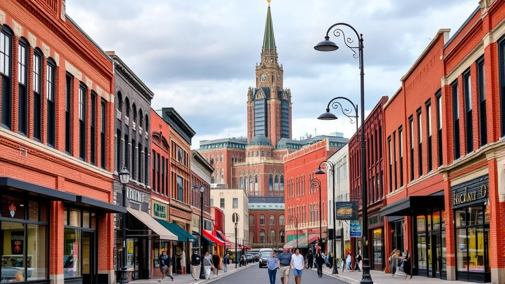Springfield Ohio downtown area featuring brick buildings, street-level retail, modern streetlights, and pedestrians during daytime