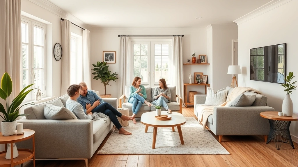 Family home interior with bright living room, comfortable seating arrangement, natural lighting from windows, and neutral décor