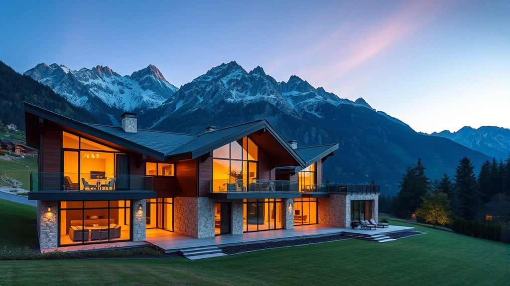 Luxurious modern Swiss villa with mountain backdrop, large windows overlooking alpine landscape, contemporary architecture with natural stone and wood, manicured grounds, sunset lighting