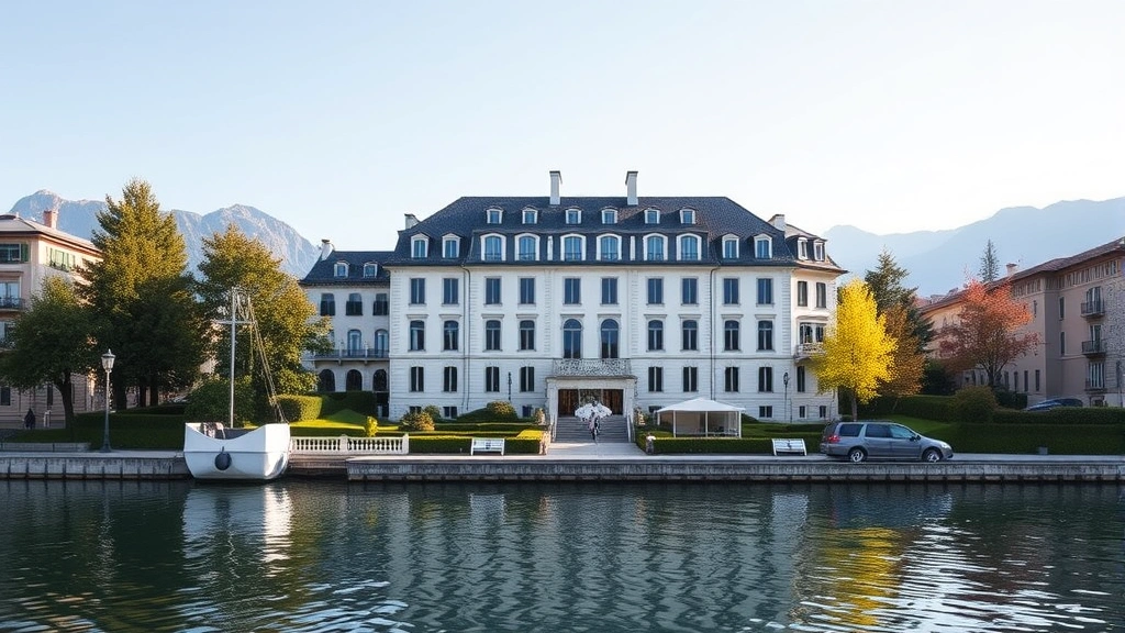 Elegant Geneva lakeside apartment building, Lac Léman waterfront view, classical Swiss architecture, manicured gardens, clear water reflection, mountains visible across lake, sophisticated residential neighborhood