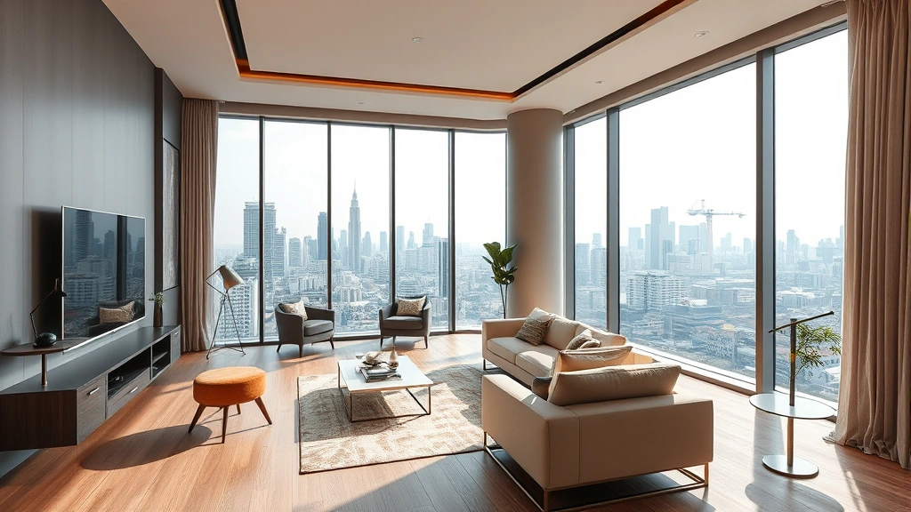 Upscale Bangkok condominium interior showing spacious living room with floor-to-ceiling windows, contemporary furnishings, city skyline view, bright natural lighting, modern luxury aesthetic