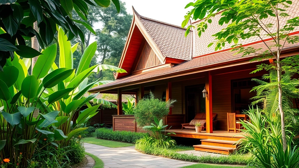 Charming traditional Thai-style house with wooden architecture, lush tropical garden, green vegetation, peaceful residential setting in Chiang Mai, authentic cultural design elements