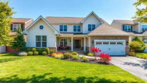 Modern suburban home exterior with manicured lawn, two-car garage, and mature landscaping in bright daylight, New Jersey residential neighborhood setting