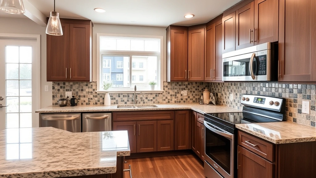 Updated kitchen interior with granite countertops, stainless steel appliances, and modern cabinetry, bright natural light from windows