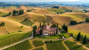 Aerial view of rolling Tuscan hills with cypress trees, vineyards, and a traditional stone villa with terracotta roof nestled in the countryside