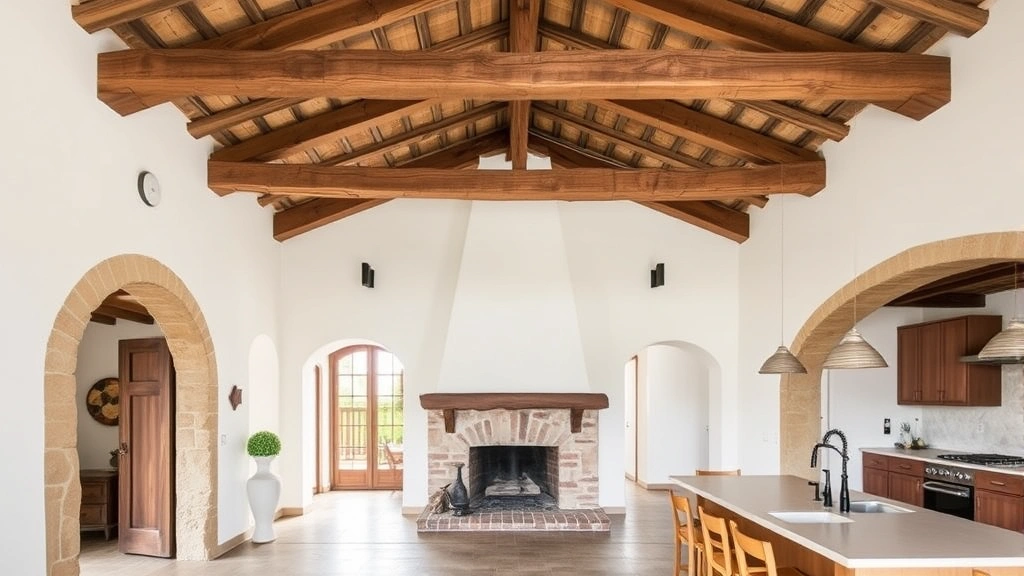 Interior of a renovated Tuscan farmhouse showing exposed wooden beams, arched doorways, rustic fireplace, and modern kitchen blending traditional architecture with contemporary design