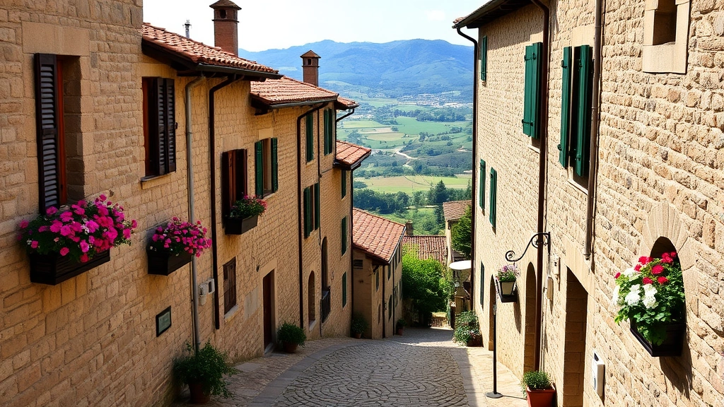 Medieval Tuscan village street with stone buildings, narrow cobblestone pathway, flowering window boxes, and terracotta tile roofs overlooking valley landscape