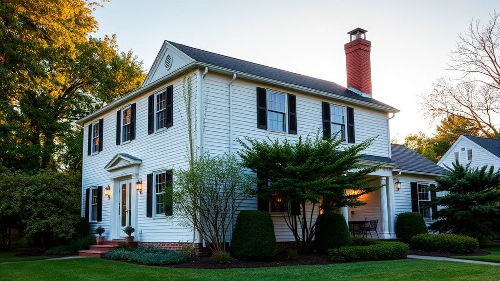 Charming two-story colonial home in Wallingford Connecticut with white exterior, black shutters, mature landscaping, and brick chimney, photographed during golden hour with soft warm lighting