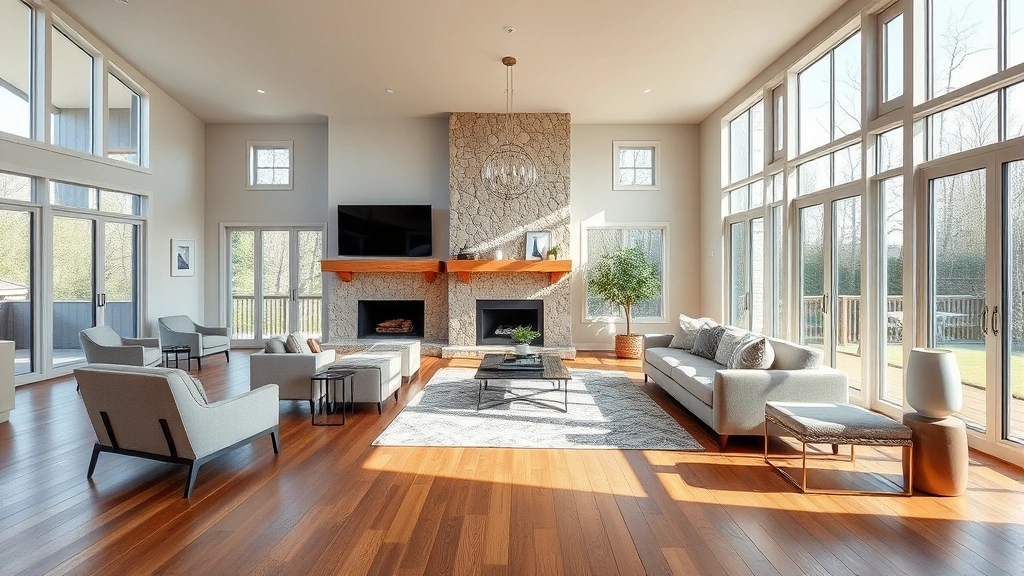 Modern home interior featuring hardwood floors throughout open living space, large bay windows allowing natural light, stone fireplace, and contemporary furnishings in neutral tones