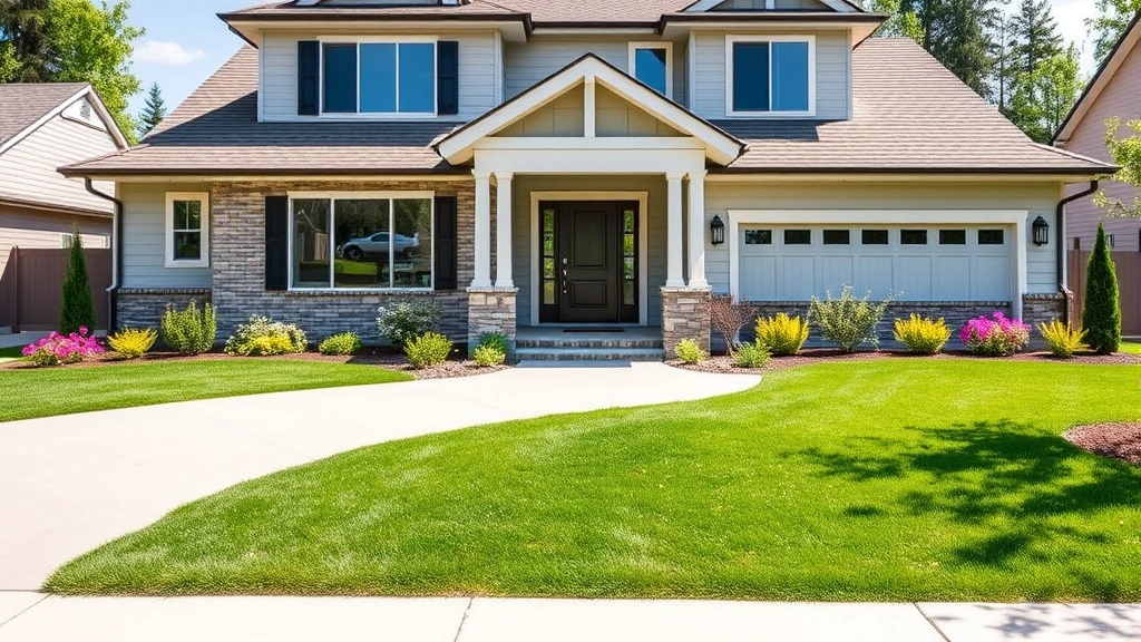 Contemporary family home exterior with professional landscaping, welcoming front entrance, manicured lawn, flowering shrubs, and driveway leading to attached garage, bright daylight