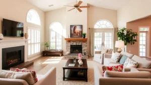Bright, inviting living room in Warner Robins home featuring comfortable furniture, fireplace with mantle, large windows with natural sunlight, and neutral paint colors reflecting warm, welcoming atmosphere
