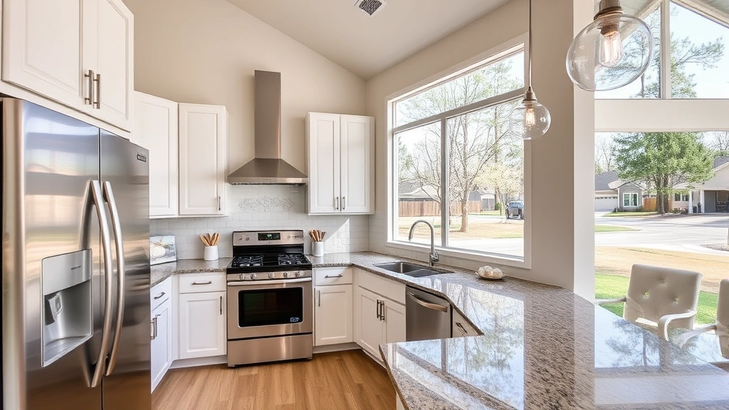 Modern kitchen in Warner Robins home with stainless steel appliances, granite countertops, and natural light from windows overlooking residential neighborhood with mature trees