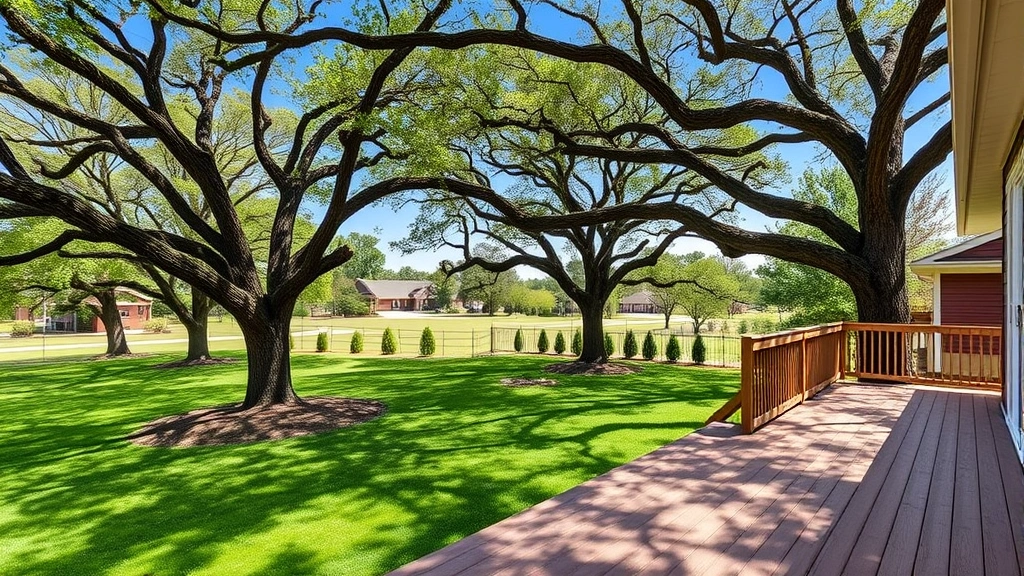 Spacious backyard with mature oak trees, manicured lawn, and wooden deck overlooking peaceful residential setting in Warner Robins with blue sky and natural landscaping
