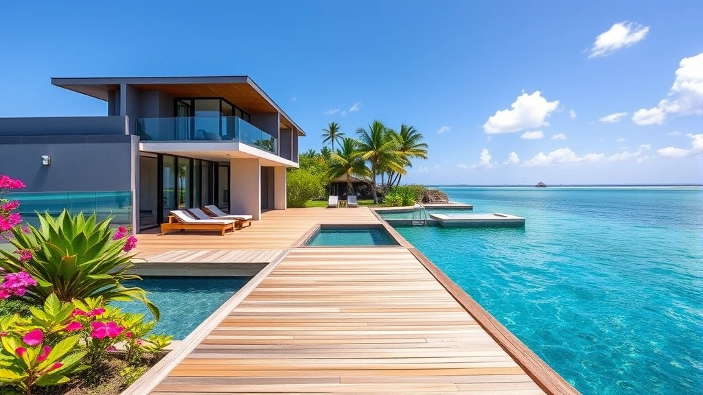 Modern waterfront villa with ocean views, wooden deck extending toward crystal blue water, tropical landscaping with flowering plants, architectural details showcasing quality construction, daytime photography