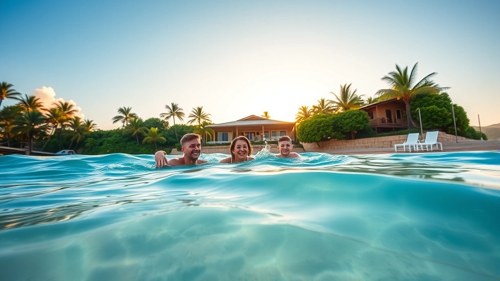 Family enjoying beachfront property, swimming in clear turquoise water, sandy beach in foreground, lush vegetation behind home, sunset lighting creating warm tropical ambiance, lifestyle photography