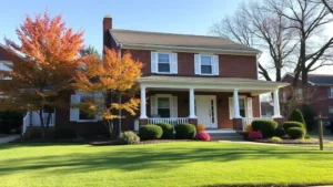 Charming two-story brick home with white shutters and manicured front lawn in Janesville Wisconsin neighborhood, autumn trees, welcoming porch with columns